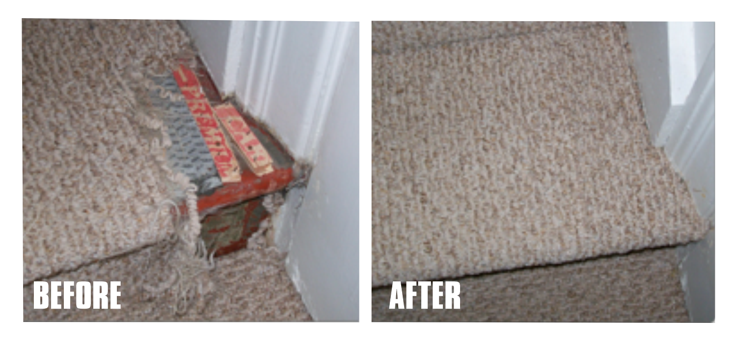 Damaged carpet on stairs repaired